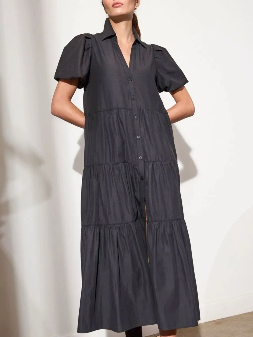 Brochu Walker The Havana Puff Sleeves Tiered Midi Dress